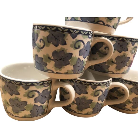 Pfaltzgraff BLUE ISLE Set of SIX 6 Flat COFFEE CUPS blue green leaves EXCELLENT - Picture 2 of 8